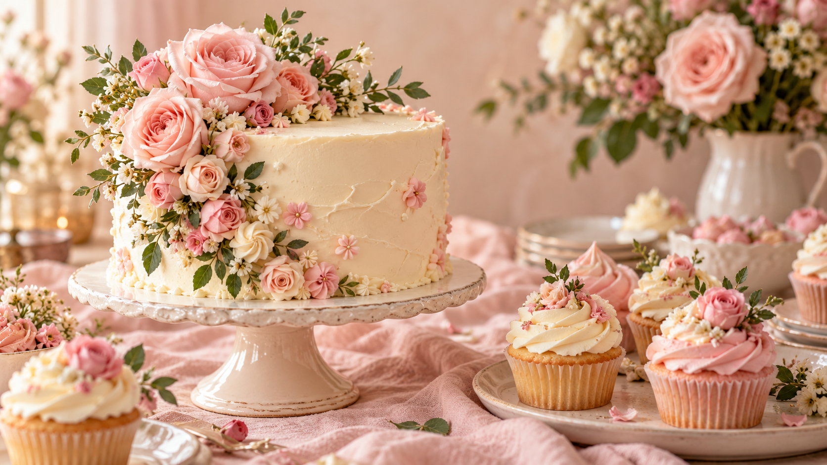 Celebration cake decorated with pink roses, with matching cupcakes