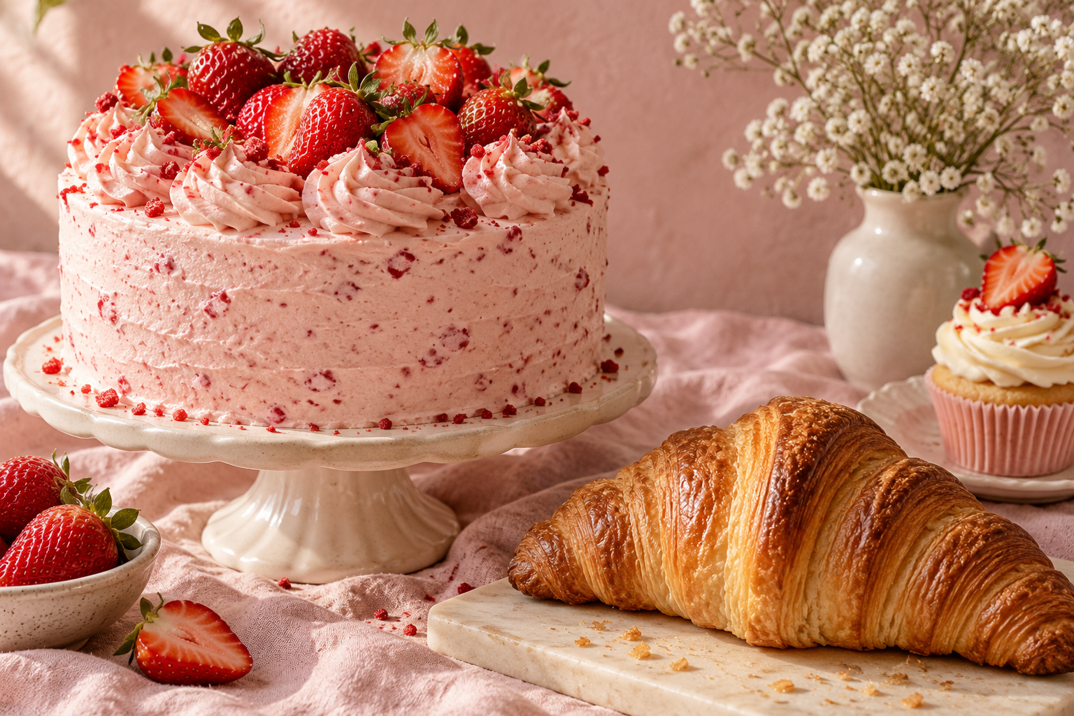 Pink strawberry cake, golden butter croissant and vanilla cupcake on a blush linen table